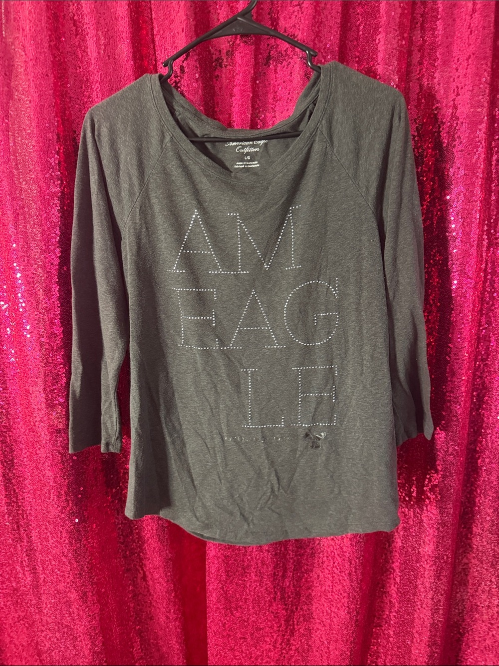 American Eagle Outfitters Charcoal Long Sleeve Rhinestone Logo Top